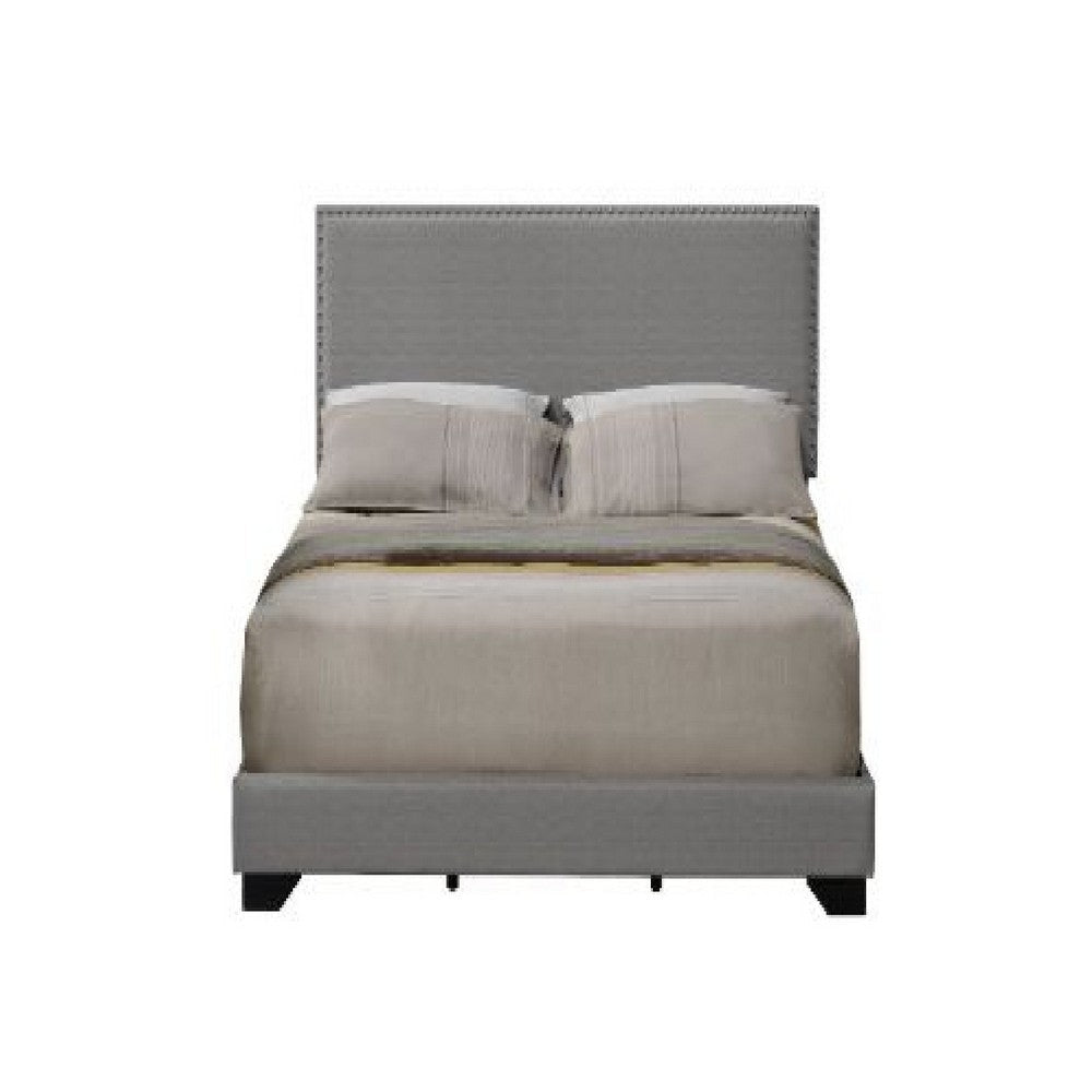 Queen Size Bed with Fabric Upholstery and Nailhead Accent, Gray By Casagear Home