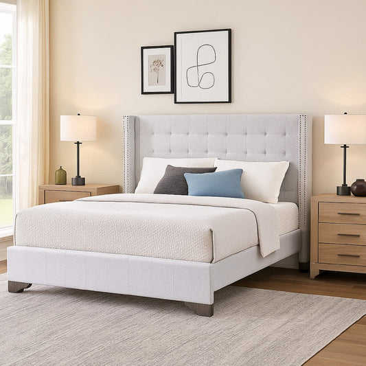 Eastern King Bed with Fabric Upholstery and Tufting, Beige