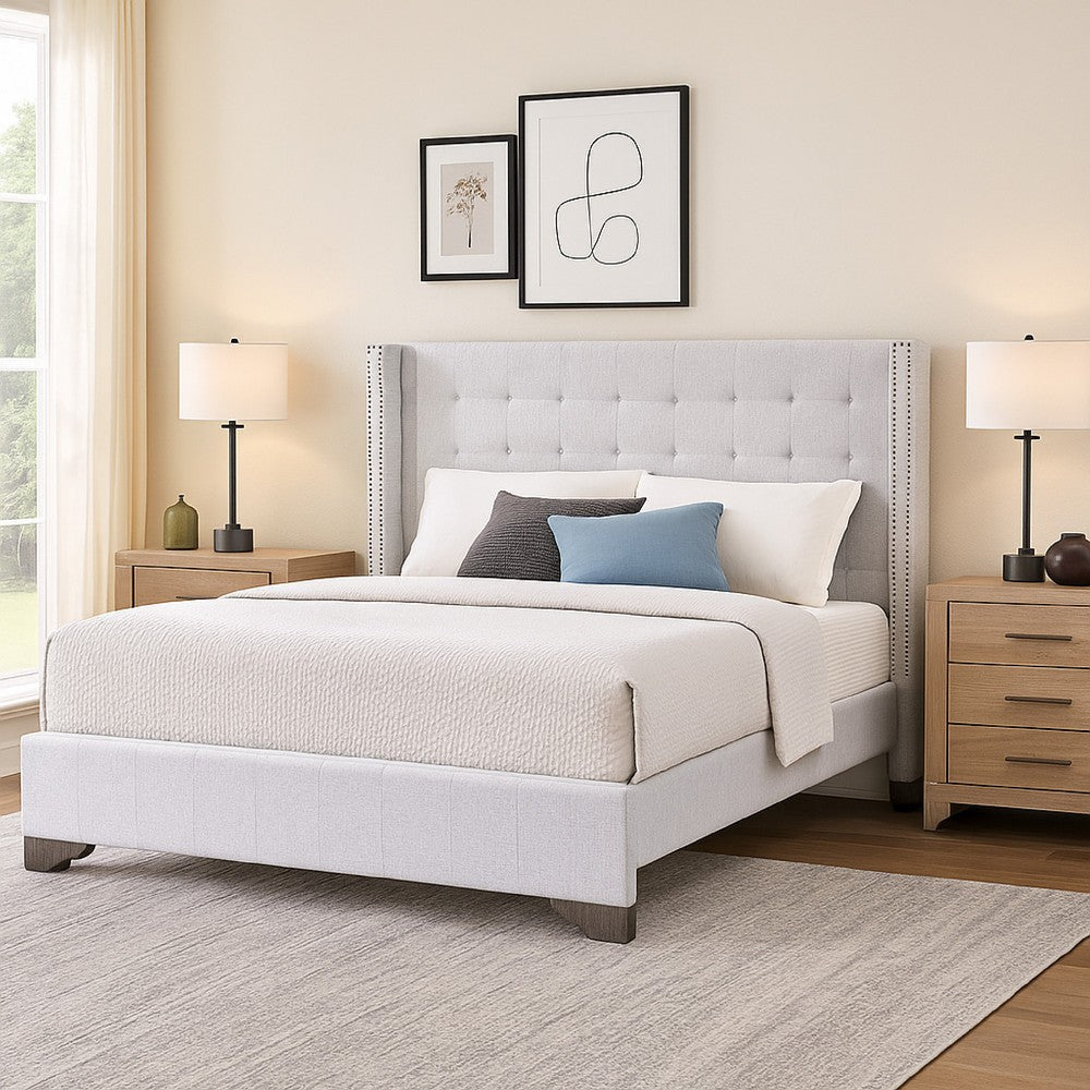 Eastern King Bed with Fabric Upholstery and Tufting, Beige
