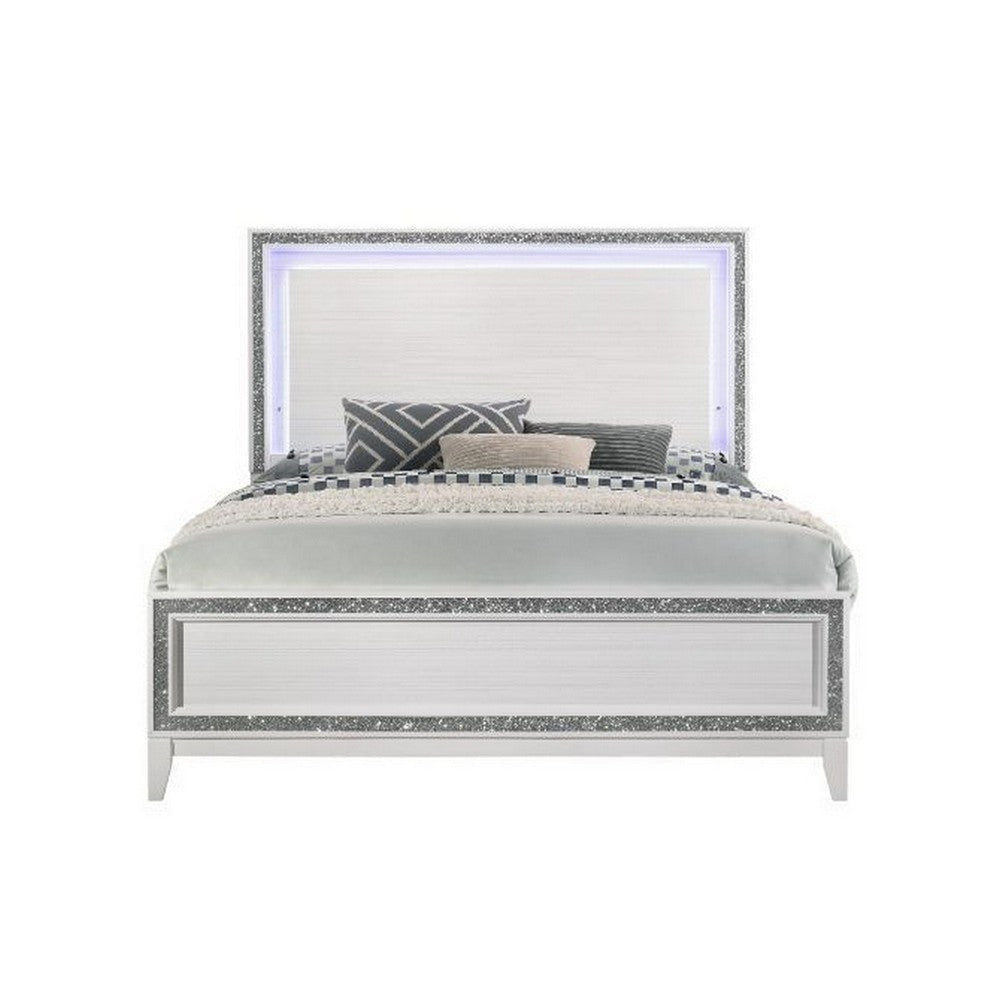 Eastern King Bed with LED Headboard and Shimmering Trim White BM266526