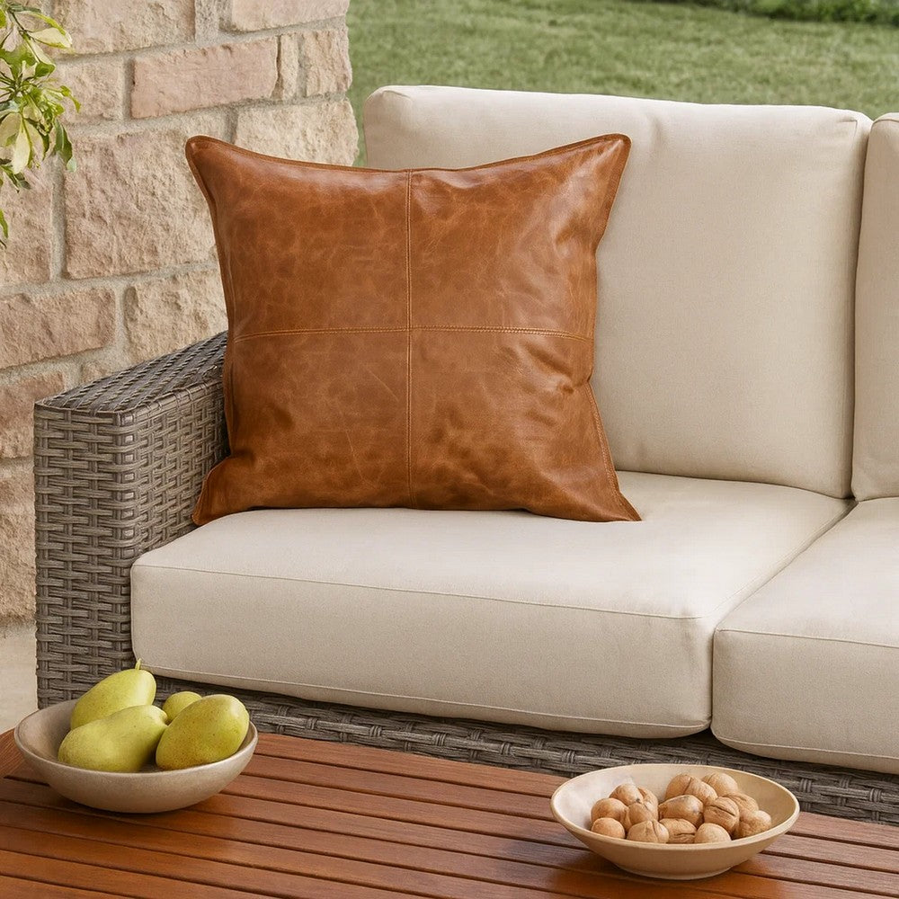 Luxe Throw Pillow | Square | Faux Leather | Stitched | Brown
