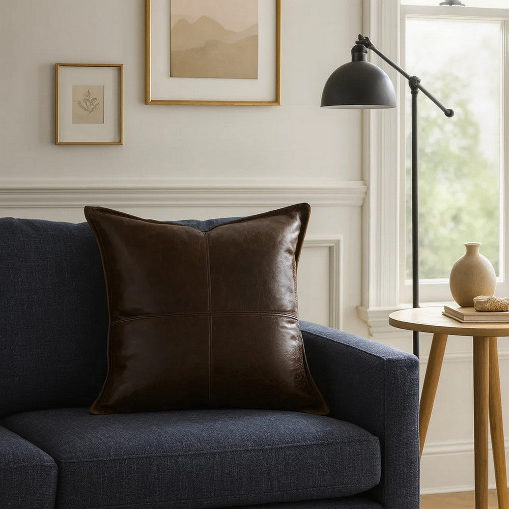 Luxe Throw Pillow | Square | Faux Leather | Stitched | Dark Brown