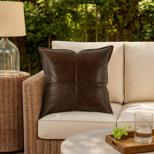 Luxe Throw Pillow | Square | Faux Leather | Stitched | Dark Brown