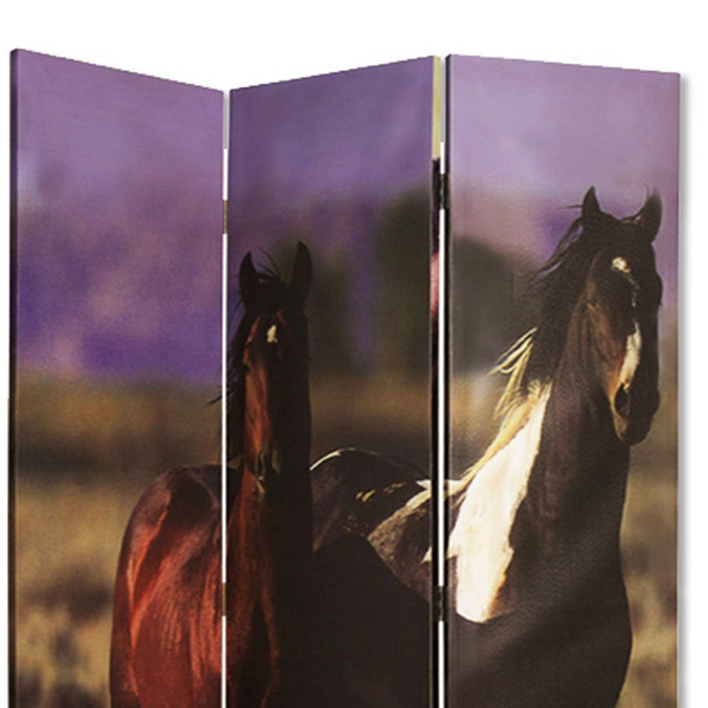 Wooden Screen with Artwork of Horses Galloping Multicolor BM26654