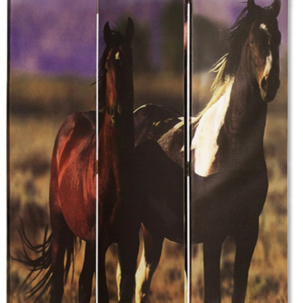 Wooden Screen with Artwork of Horses Galloping Multicolor BM26654
