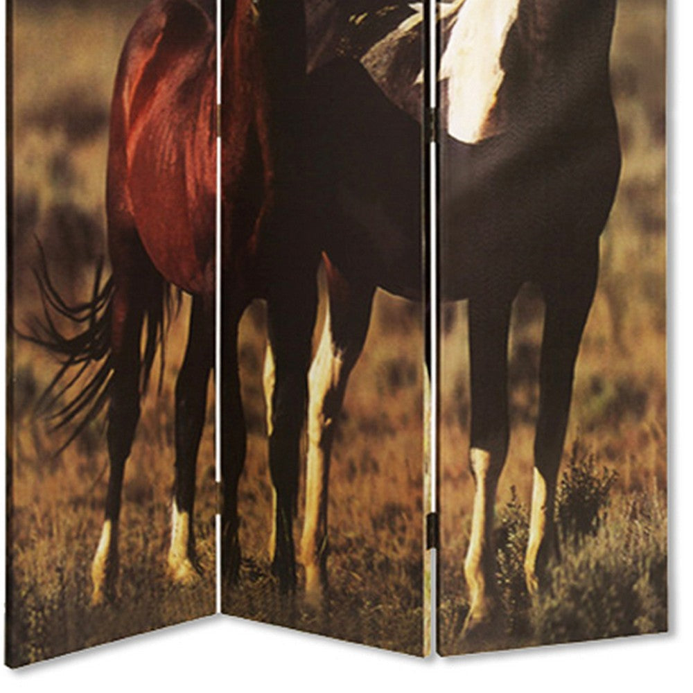 Wooden Screen with Artwork of Horses Galloping Multicolor BM26654