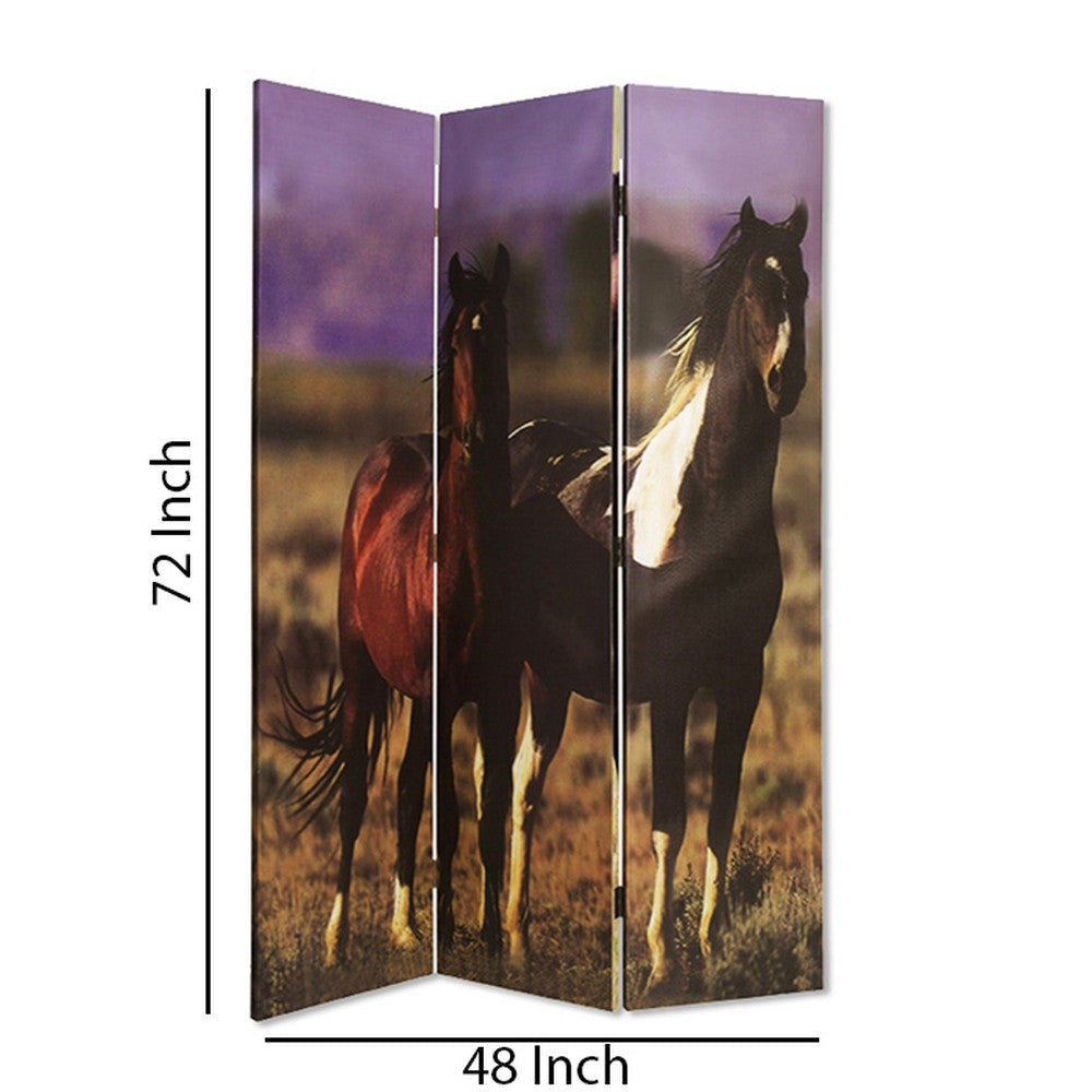 Wooden Screen with Artwork of Horses Galloping Multicolor BM26654