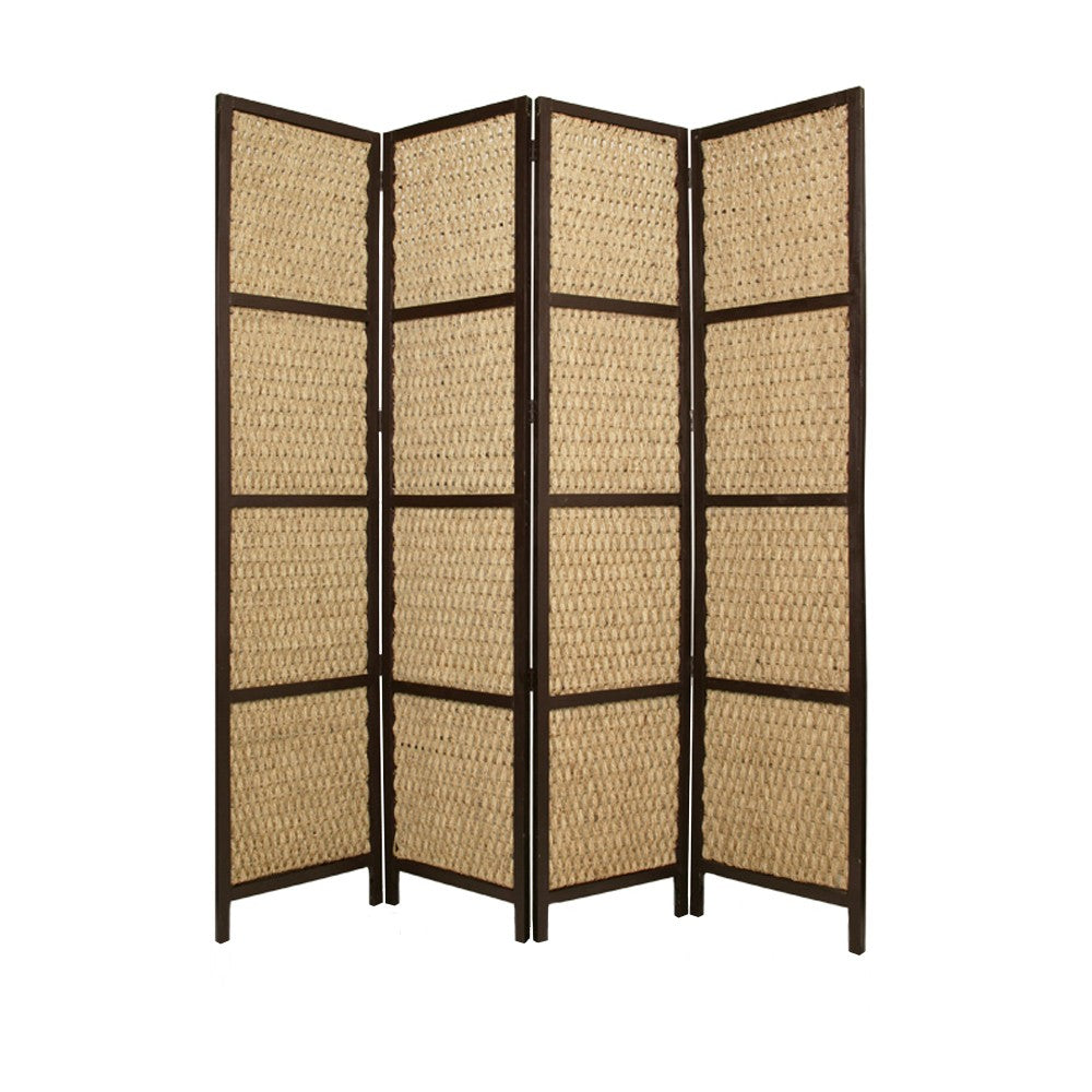 4 Panel Wooden Framed Screen with Sea Grass Woven Design, Brown By Casagear Home