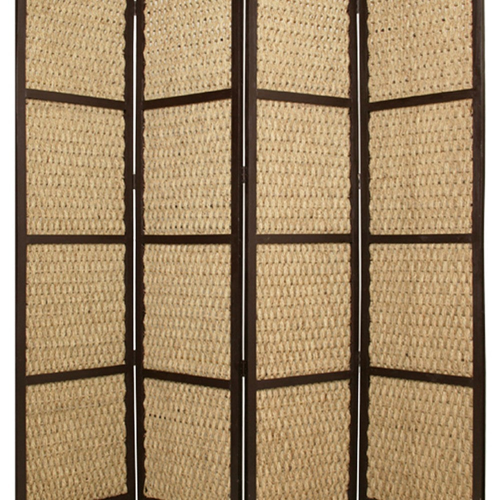 4 Panel Wooden Framed Screen with Sea Grass Woven Design, Brown By Casagear Home