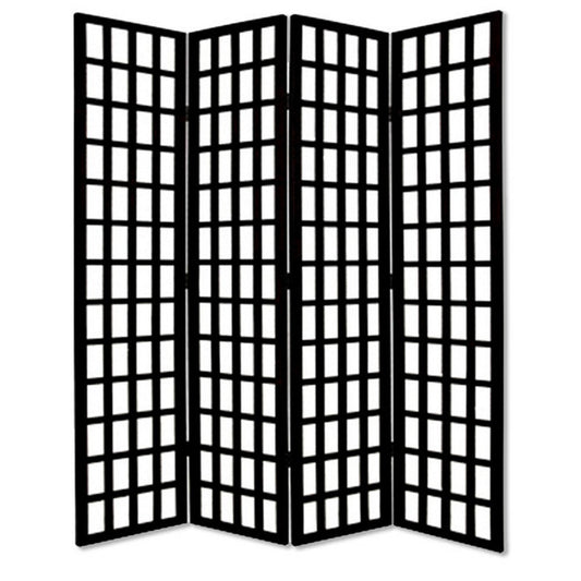 Wooden 4 Panel Foldable Window Pane Screen with Grid Design, Black