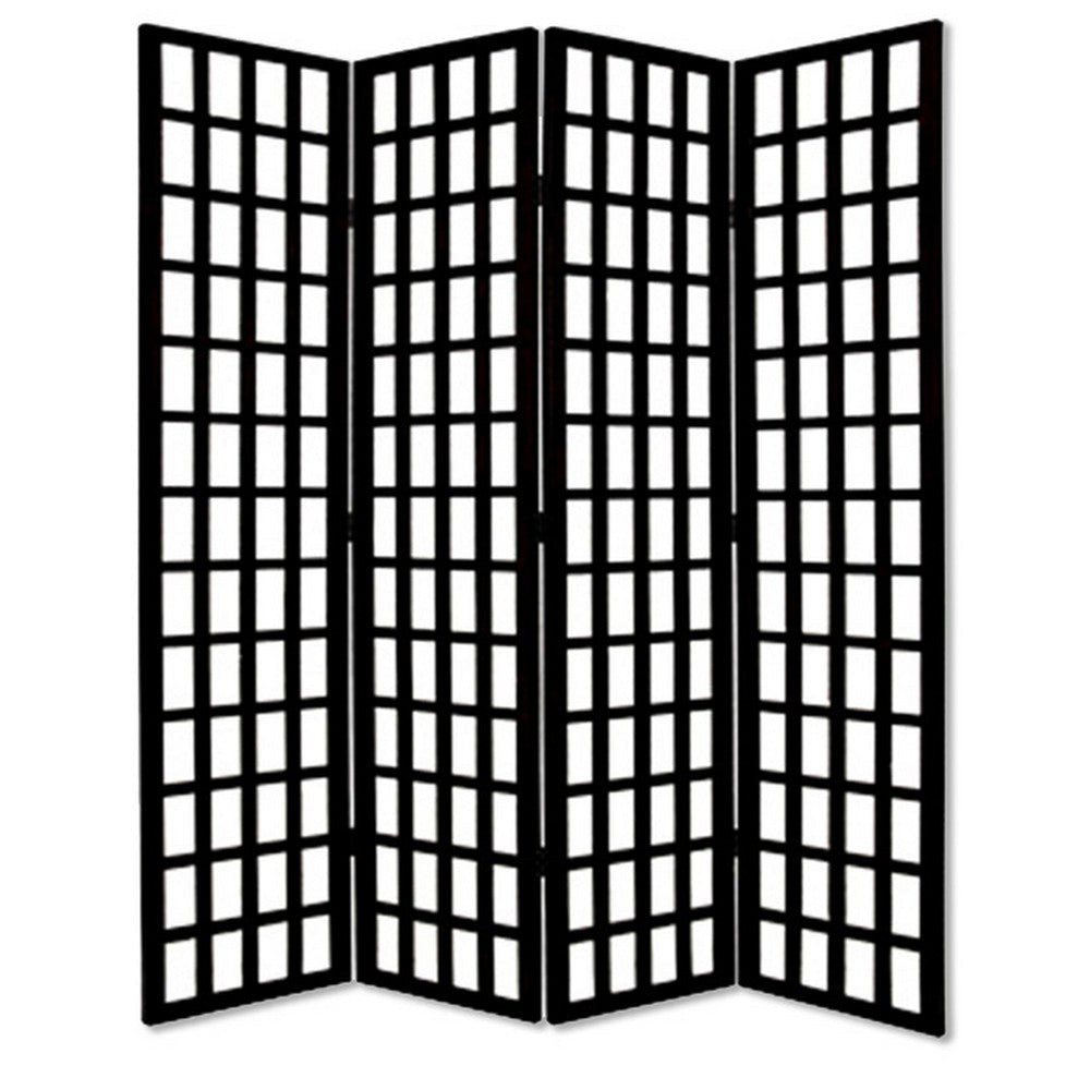 Wooden 4 Panel Foldable Window Pane Screen with Grid Design, Black