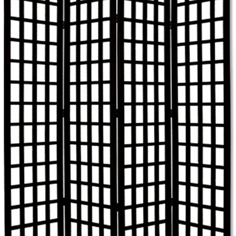 Wooden 4 Panel Foldable Window Pane Screen with Grid Design Black BM26664