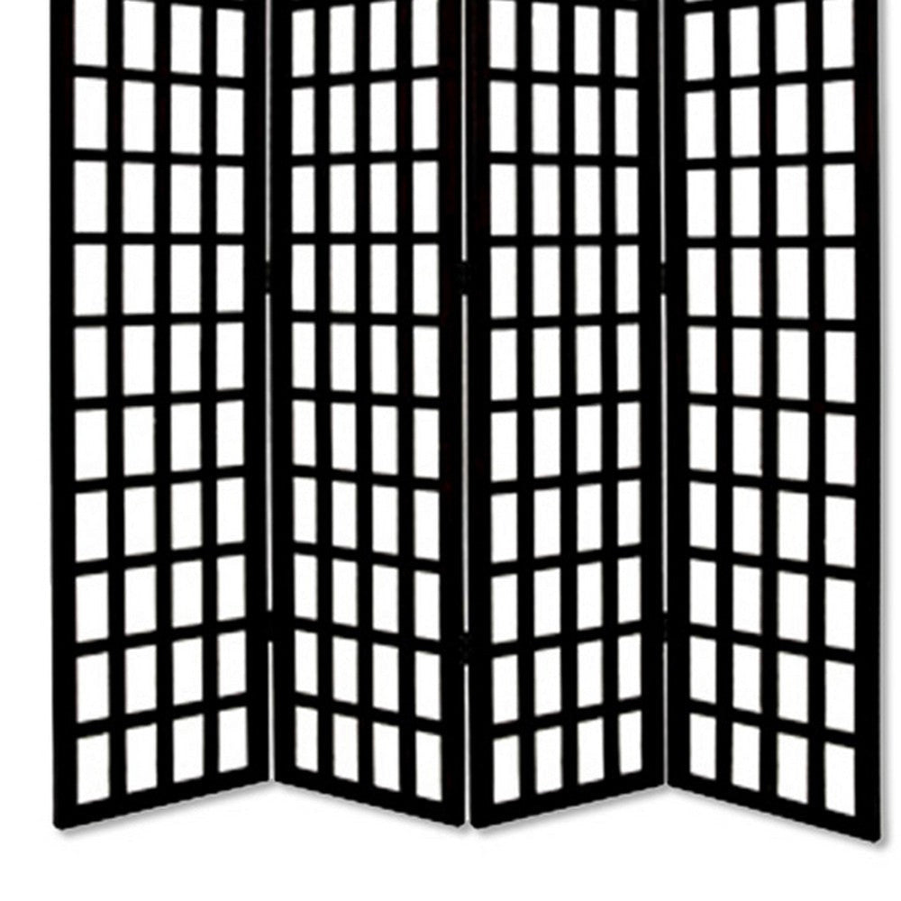 Wooden 4 Panel Foldable Window Pane Screen with Grid Design Black BM26664