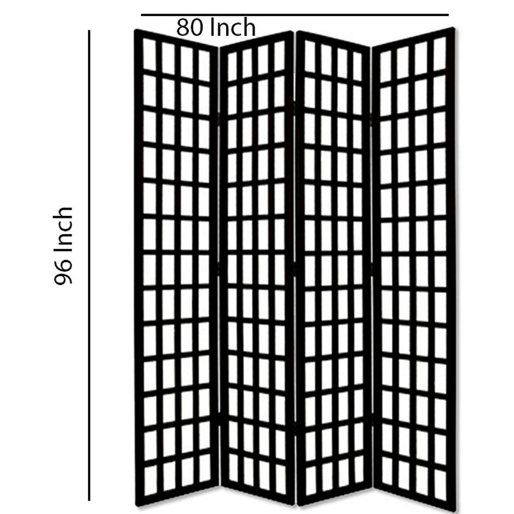 Wooden 4 Panel Foldable Window Pane Screen with Grid Design Black BM26664