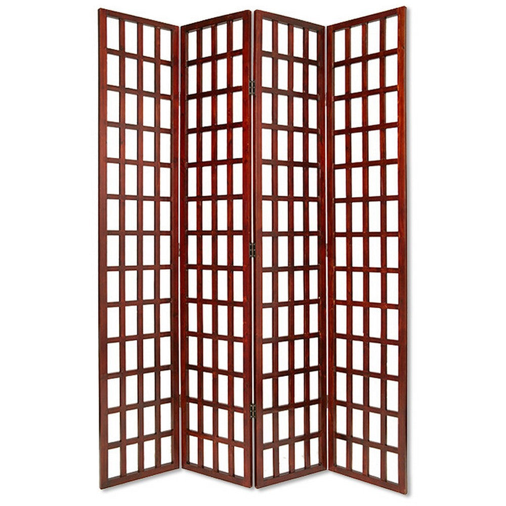 Wooden 4 Panel Foldable Window Pane Screen with Grid Design, Brown