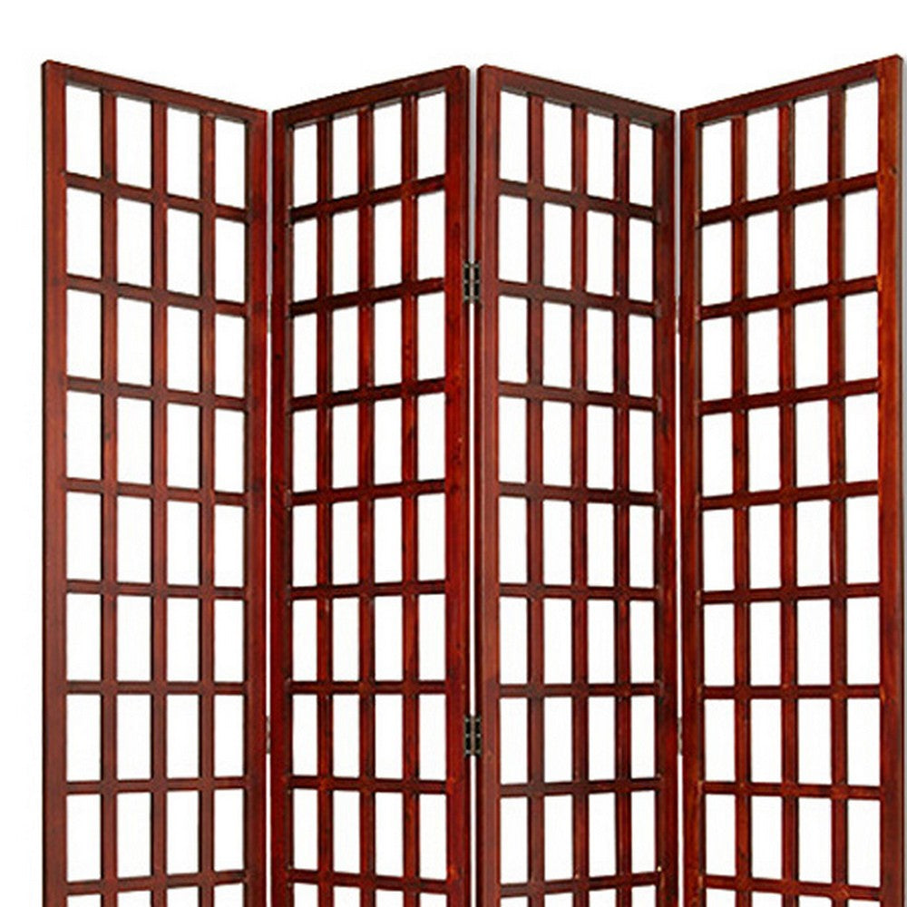 Wooden 4 Panel Foldable Window Pane Screen with Grid Design, Brown