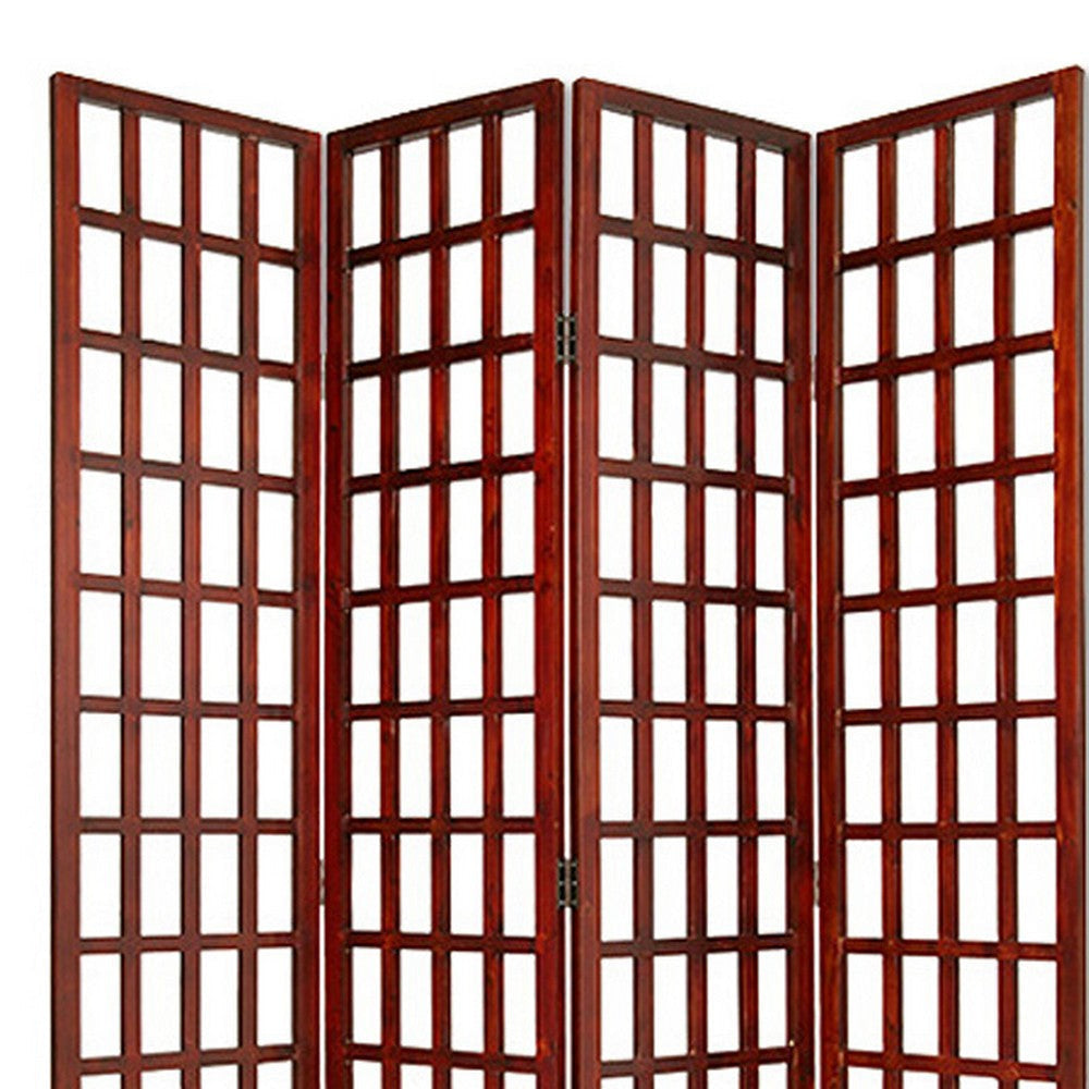 Wooden 4 Panel Foldable Window Pane Screen with Grid Design Brown BM26665