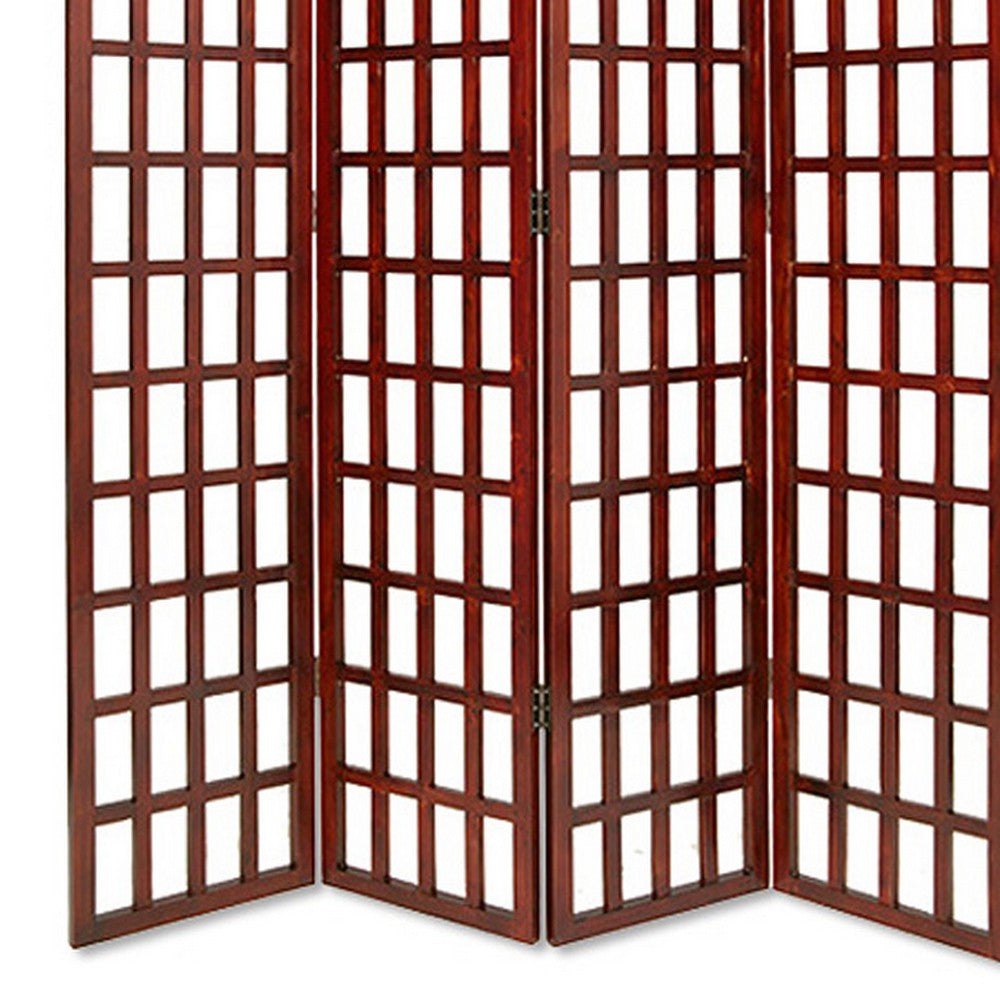 Wooden 4 Panel Foldable Window Pane Screen with Grid Design, Brown