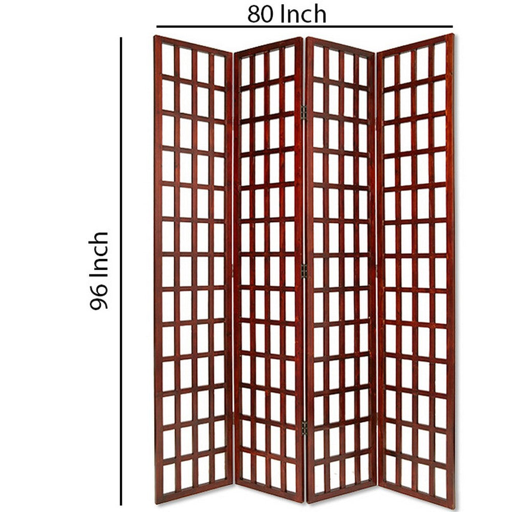 Wooden 4 Panel Foldable Window Pane Screen with Grid Design, Brown