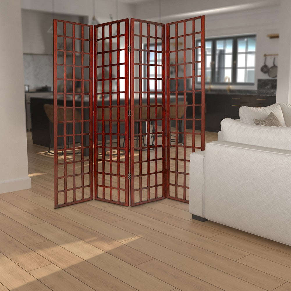Wooden 4 Panel Foldable Window Pane Screen with Grid Design, Brown