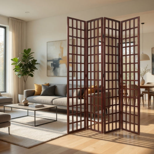 Wooden 4 Panel Foldable Window Pane Screen with Grid Design, Brown