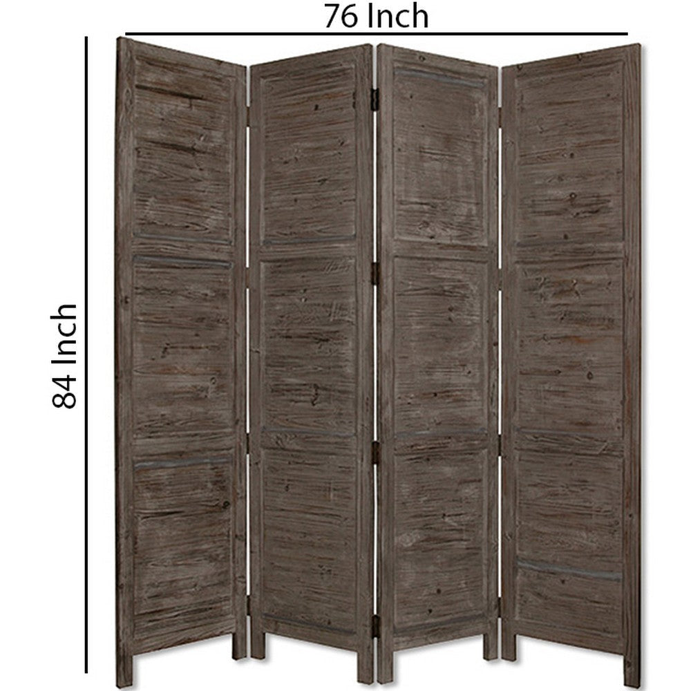 Wooden 4 Panel Foldable Floor Screen with Textured Panels Gray BM26669