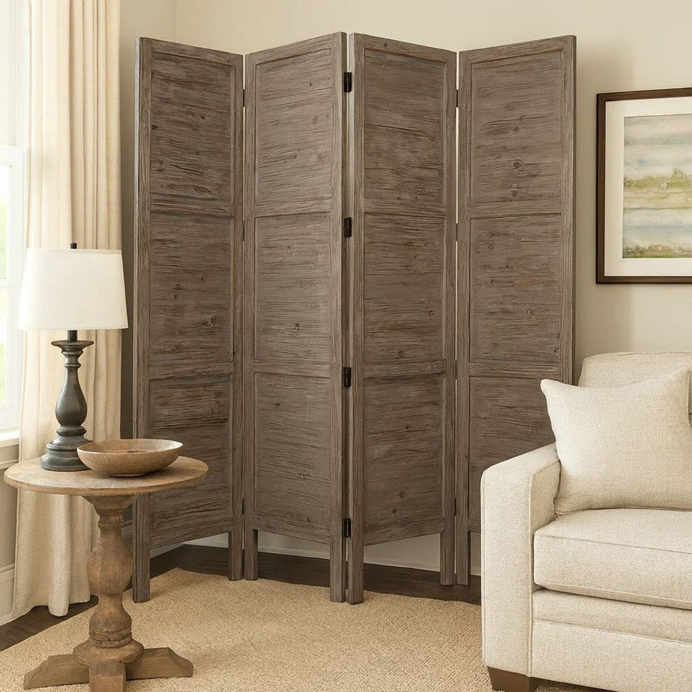 Wooden 4 Panel Foldable Floor Screen with Textured Panels, Gray