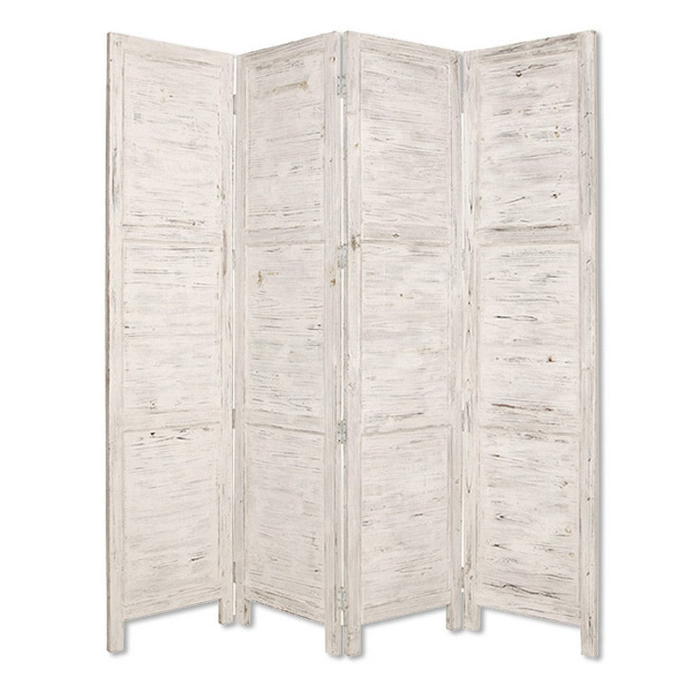 Wooden 4 Panel Foldable Floor Screen with Textured Panels, White