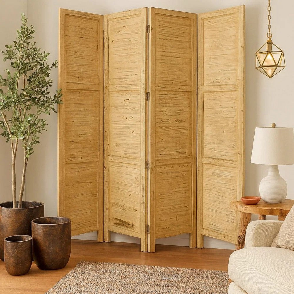 Wooden 4 Panel Foldable Floor Screen with Textured Panels, Yellow