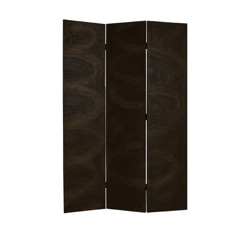 Foldable 3 Panel Canvas Room Divider with Swirl Details, Dark Brown