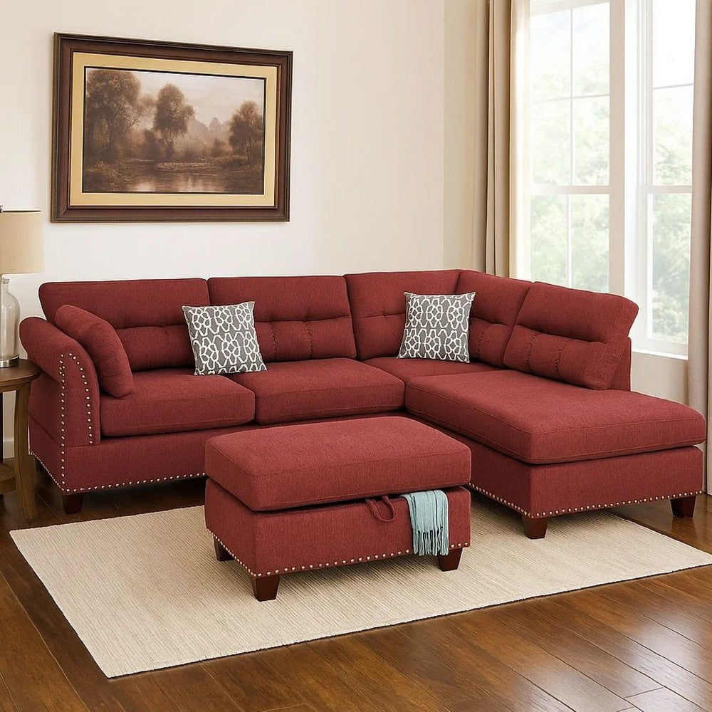 3 Piece Sectional Sofa with Reversible Chaise and Ottoman, Red