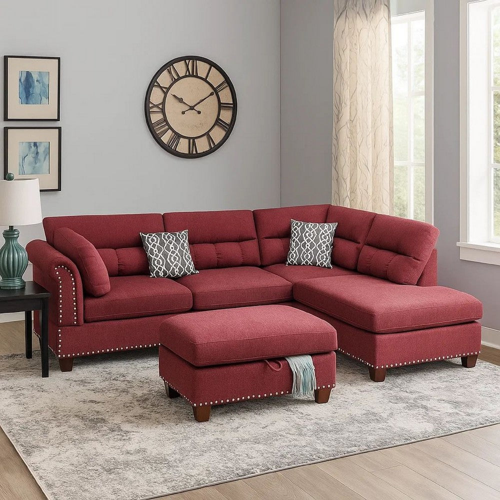 3 Piece Sectional Sofa with Reversible Chaise and Ottoman, Red