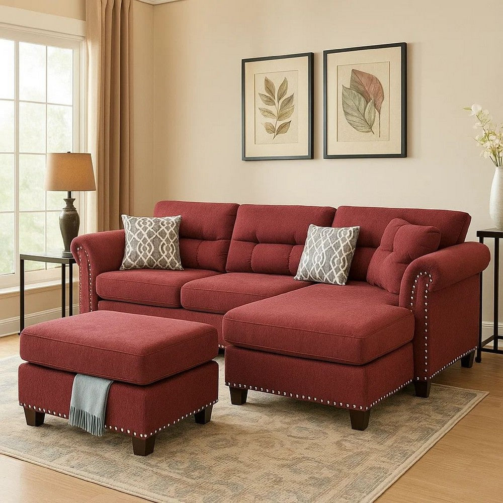3 Piece Sectional Sofa with Reversible Chaise and Ottoman, Red