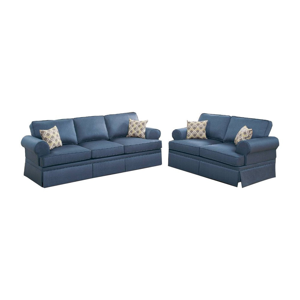 2 Piece Sofa and Loveseat Set with Rolled Arms, Blue By Casagear Home