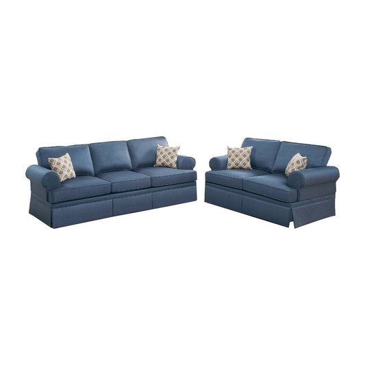 2 Piece Sofa and Loveseat Set with Rolled Arms, Blue By Casagear Home