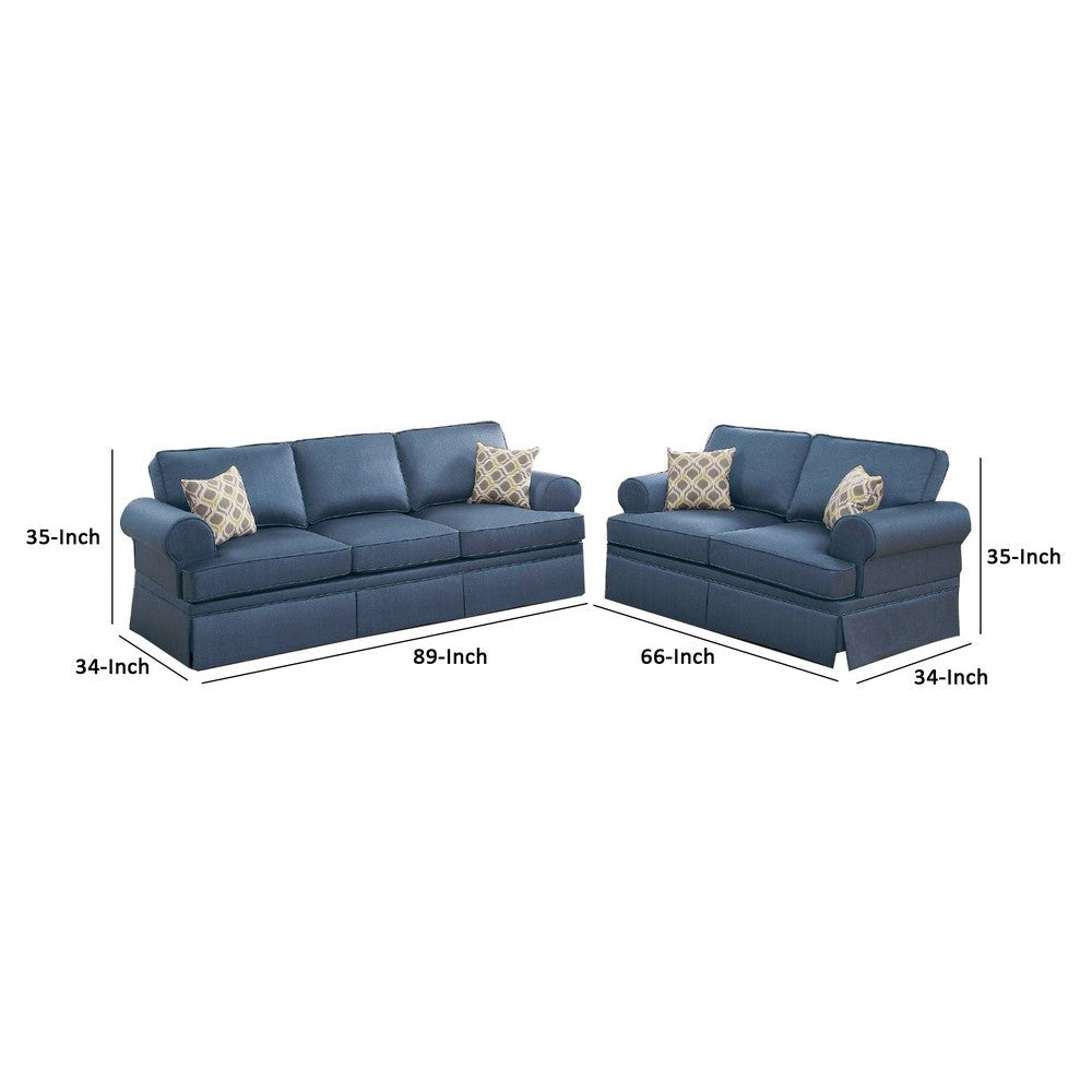 2 Piece Sofa and Loveseat Set with Rolled Arms Blue By Casagear Home BM268874