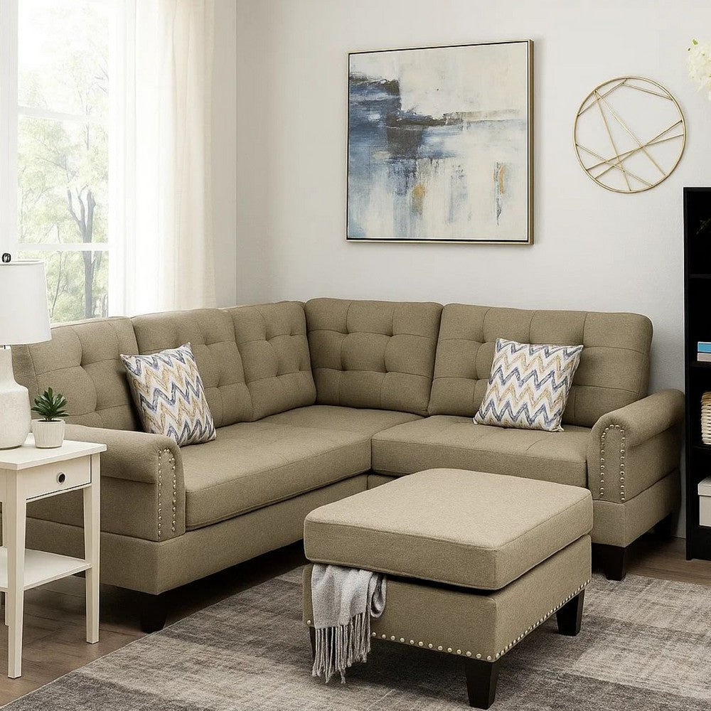 3 Piece Sectional Sofa with Ottoman and Tufted Details, Beige