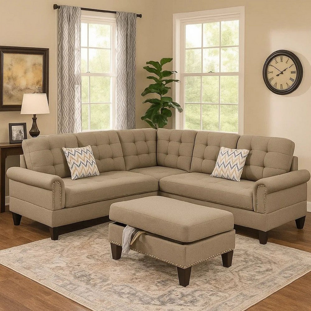 3 Piece Sectional Sofa with Ottoman and Tufted Details, Beige
