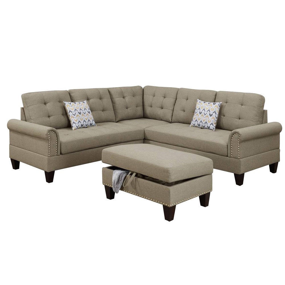 3 Piece Sectional Sofa with Ottoman and Tufted Details, Beige