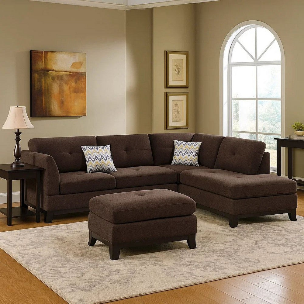 3 Piece Sectional Sofa with Ottoman and Tufted Details, Dark Brown