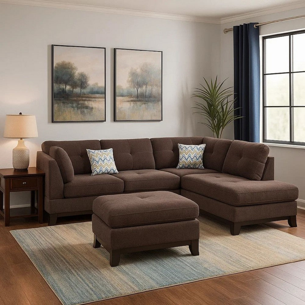 3 Piece Sectional Sofa with Ottoman and Tufted Details, Dark Brown