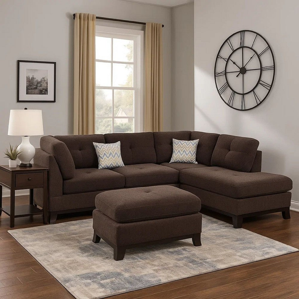 3 Piece Sectional Sofa with Ottoman and Tufted Details, Dark Brown