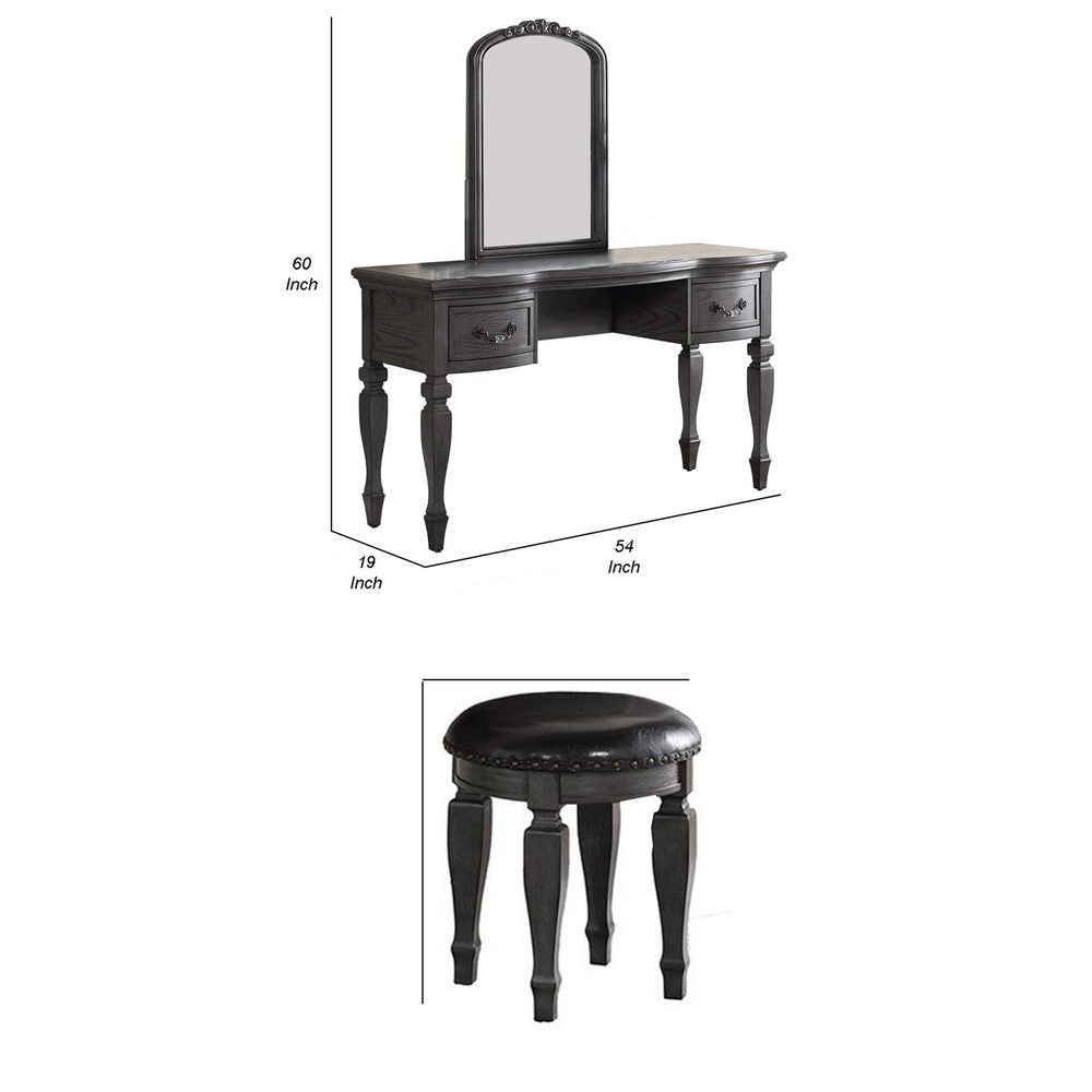 3 Piece Vanity Set with Carved Mirror and Turned Legs Gray By Casagear Home BM268886