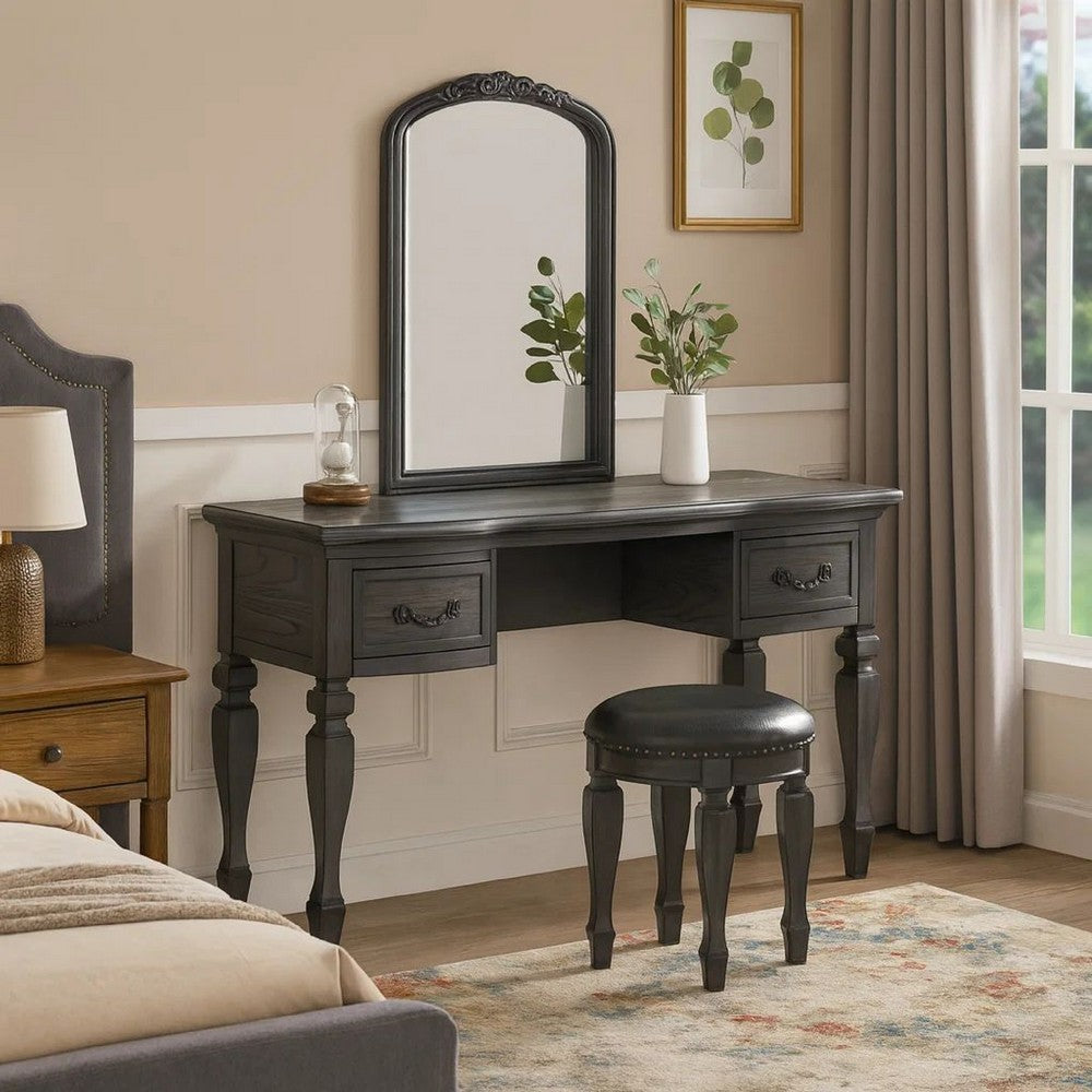 Vivian 3 Piece Vanity Set | Carved Mirror | Turned Legs | Gray