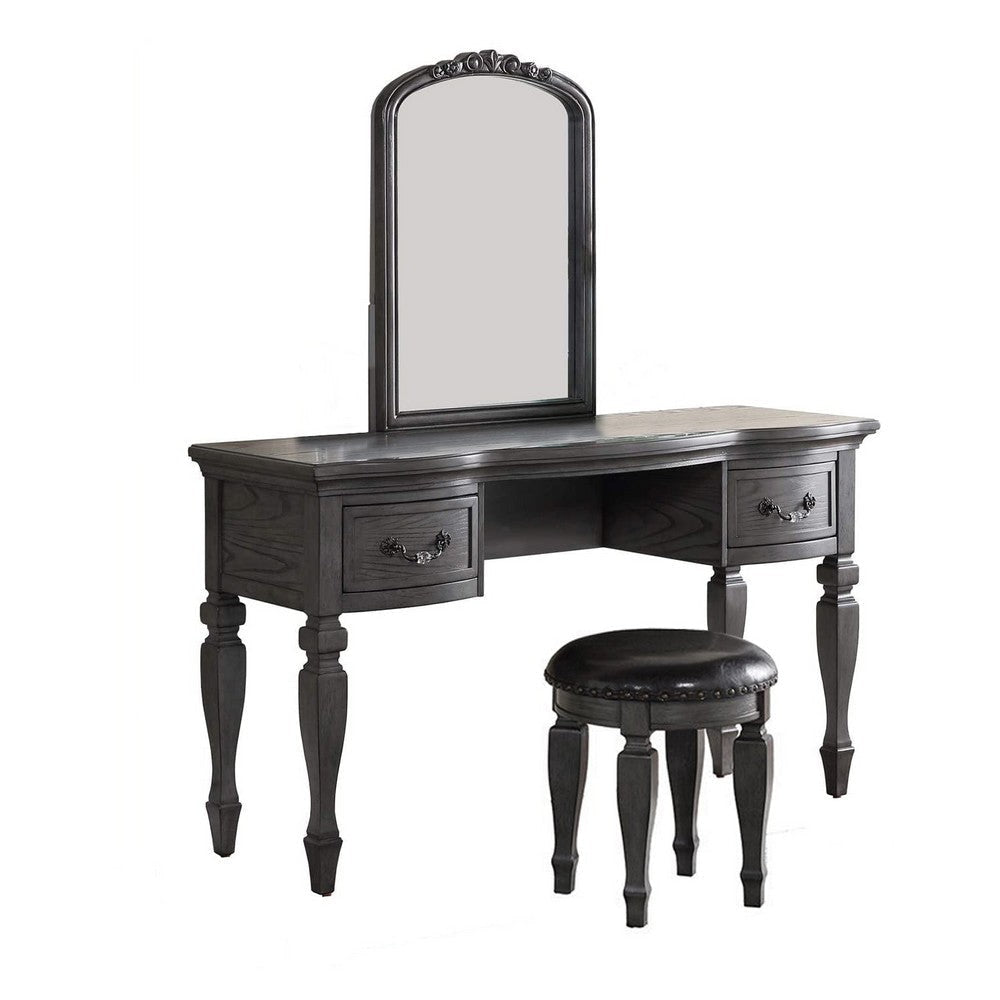 Vivian 3 Piece Vanity Set | Carved Mirror | Turned Legs | Gray