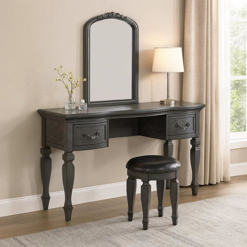 Vivian 3 Piece Vanity Set | Carved Mirror | Turned Legs | Gray