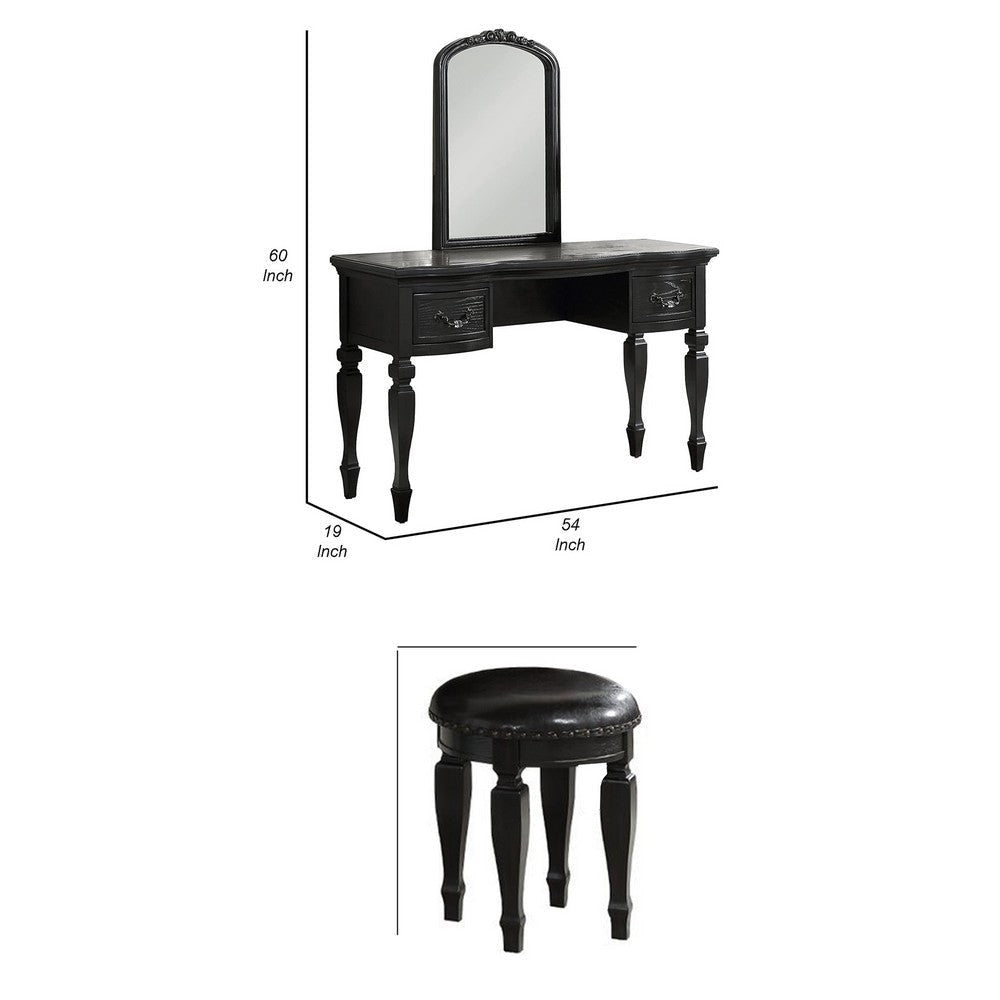 3 Piece Vanity Set with Carved Mirror and Turned Legs Black By Casagear Home BM268888