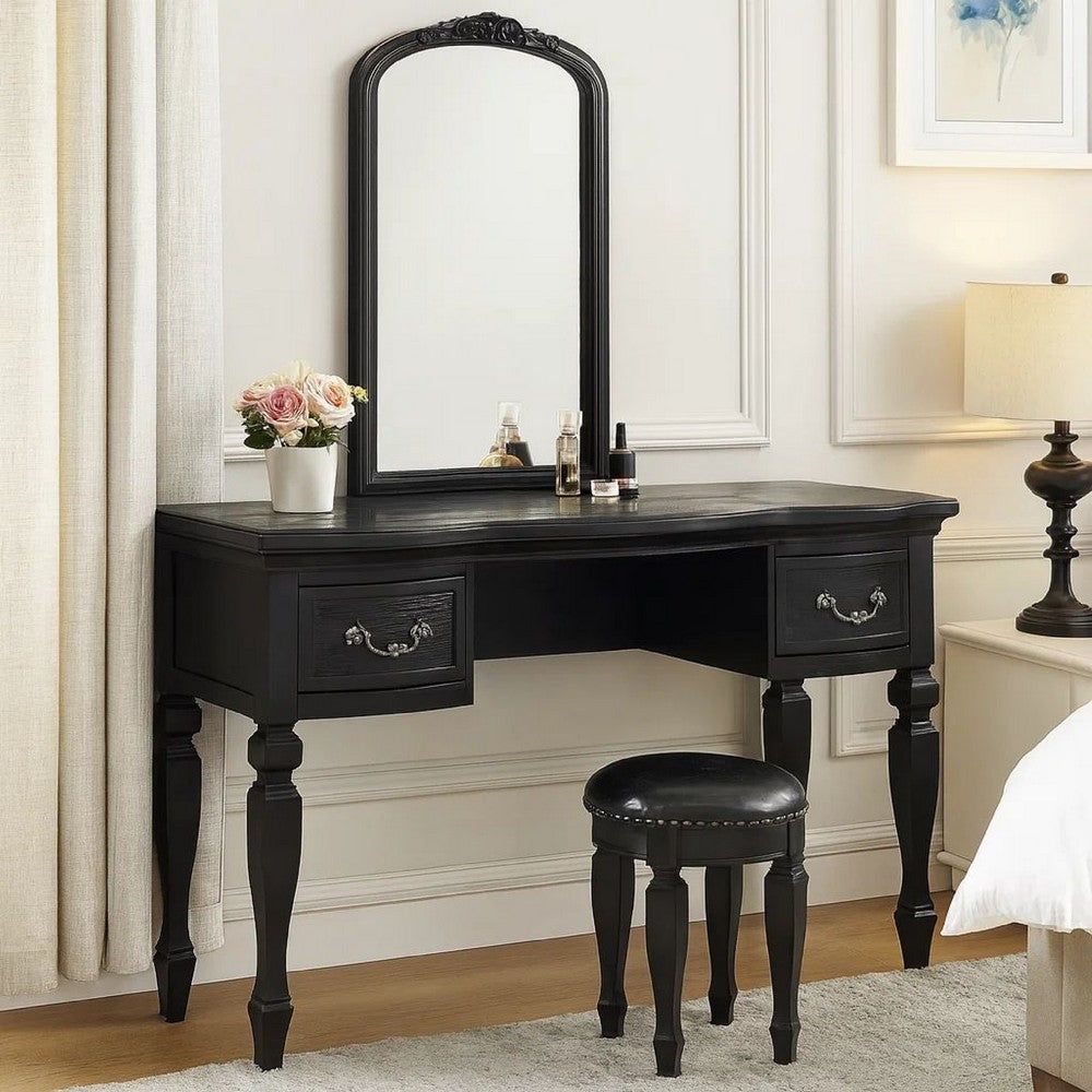 Vivian 3 Piece Vanity Set | Carved Mirror | Turned Legs | Black