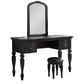 3 Piece Vanity Set with Carved Mirror and Turned Legs, Black By Casagear Home