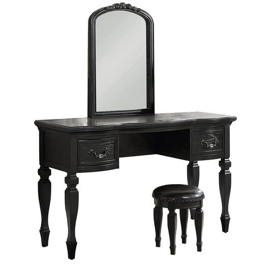 3 Piece Vanity Set with Carved Mirror and Turned Legs, Black By Casagear Home